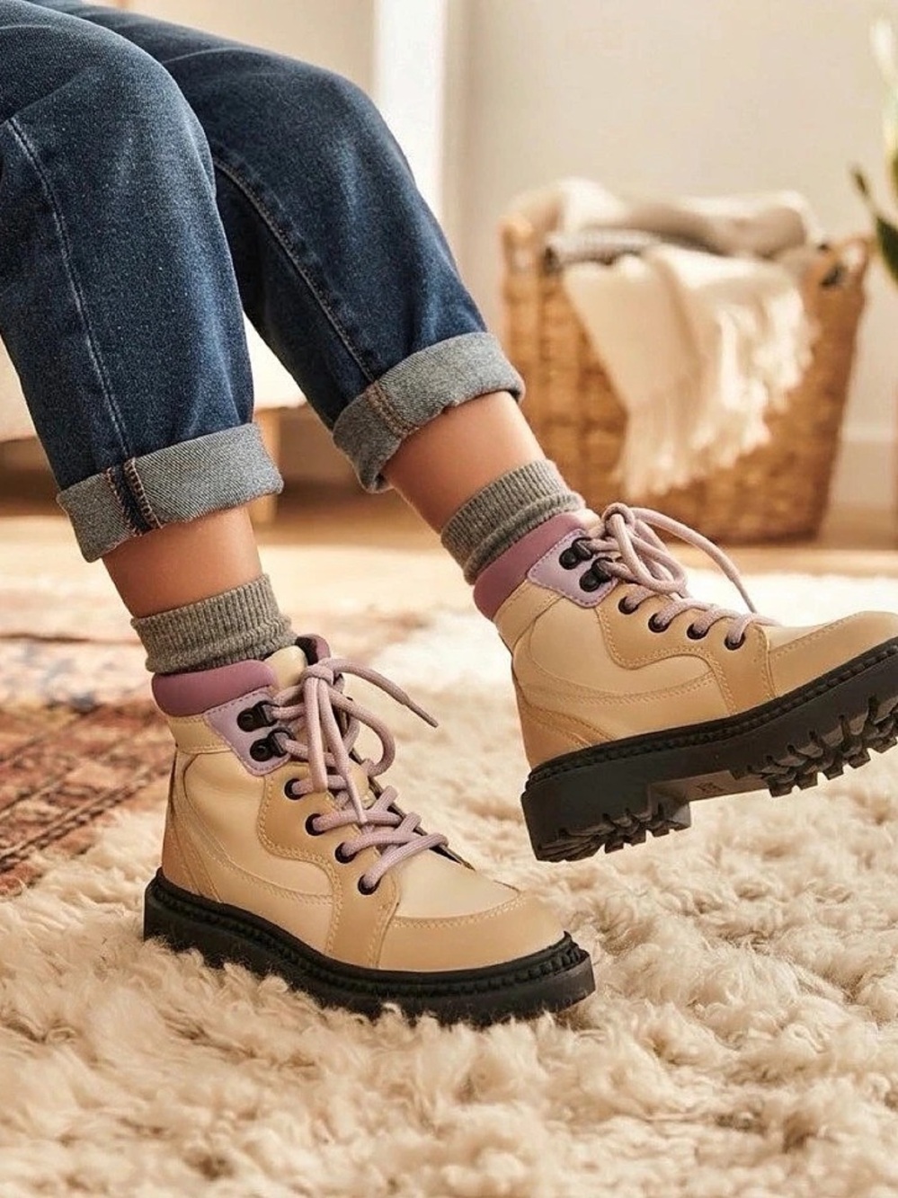 ⁠Zara Kids Lug Sole Combat Boots Cream Purple Girls Size EU 29 US 11⁠